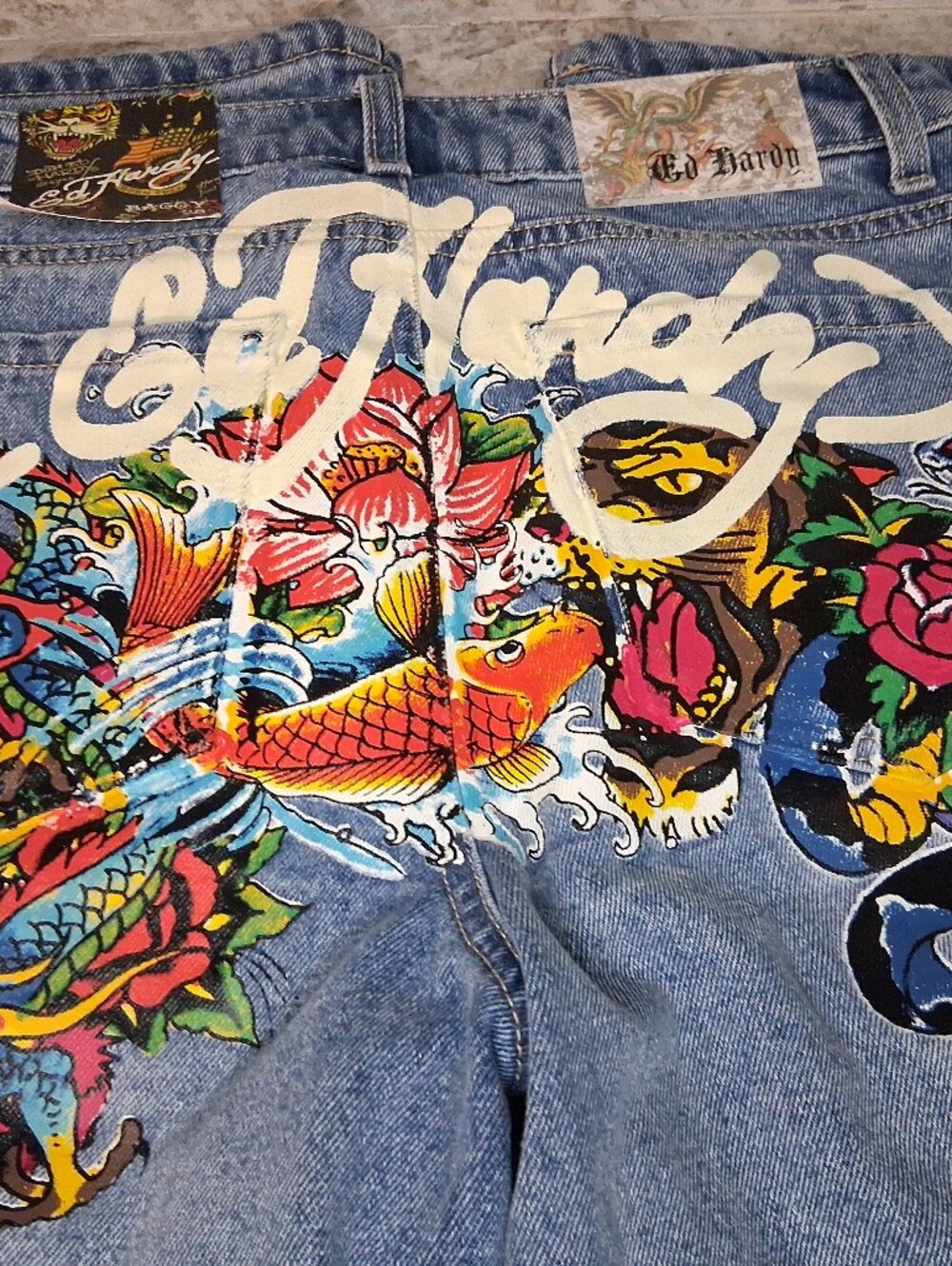 Ed Hardy Women’s Multi Tattoo Baggy jean Low Waist Blue Multicolor 28 Vintage